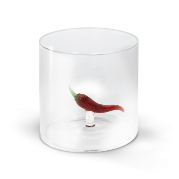 Bicchiere in vetro Borosilicato. Decoro Peperoncino