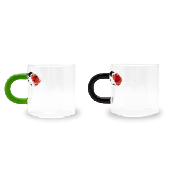 Set 2 Tazzine da Caffè in vetro Borosilicato. Decoro Coccinella